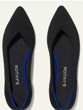 Rothy's Black Pointed-Toe Knit Ballet Flat with Blue Trim